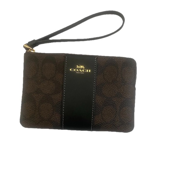 Coach Handbags - Coach Corner Zip Wristlet in Signature C Canvas Monogram Purse Brown & Black NWT